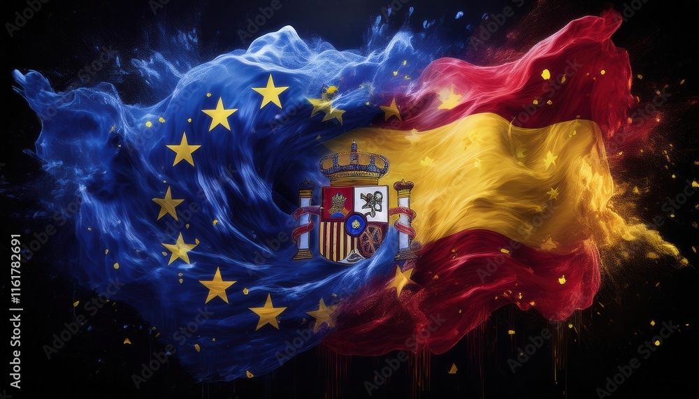Poster unity of spain and european union flags in motion