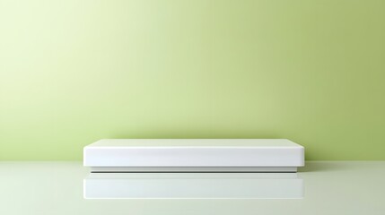 A sleek, modern white podium with a reflective surface and an empty space for a product, set against a light green backdrop.