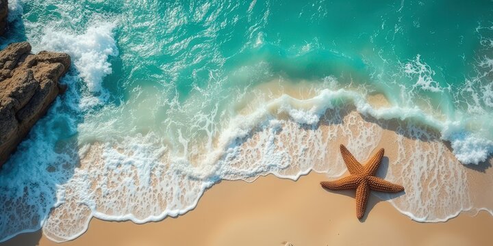 Seashell on the Beach: A starfish lies on a pristine sandy beach, kissed by the turquoise waters of the ocean. The foamy waves gently caress the shore, creating a tranquil and idyllic scene.  