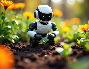 A futuristic retro robot tends sprouts in the garden