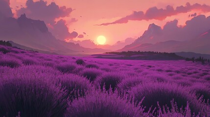 A stunning sunset over a vibrant lavender field in full bloom.