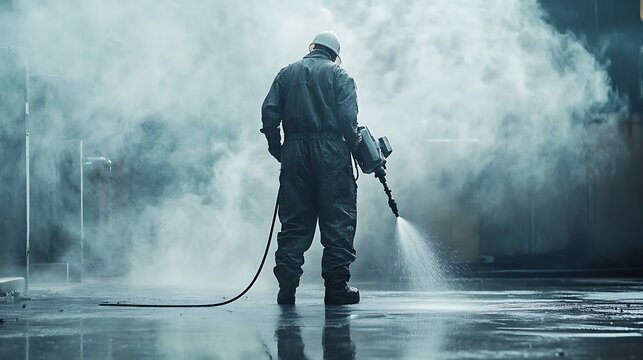 A worker in protective gear sprays a mist in a foggy industrial setting.