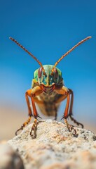 Fototapeta premium A close-up of a colorful grasshopper perched on a rock against a blue sky.