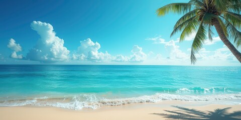 Fototapeta premium Tropical Paradise: Palm tree silhouette against a vibrant blue sky, with a tranquil turquoise ocean and pristine white sand beach, creating a serene and idyllic tropical escape. 