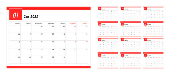 2025 Calendar design. Weeks starts on Monday, office calendar. Desktop planner in simple clean style. Corporate or business calendar