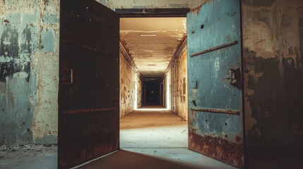 Abandoned Military Bunker with Rusted Metal Doors and Dark Corridor