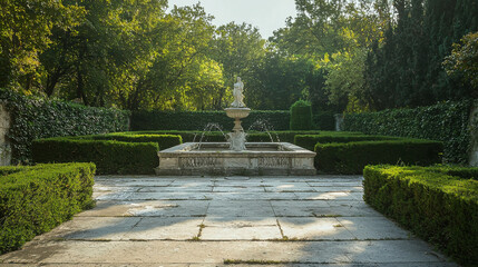 Overgrown Royal Garden Courtyard with Fountain Surrounded by Lush Green Hedges