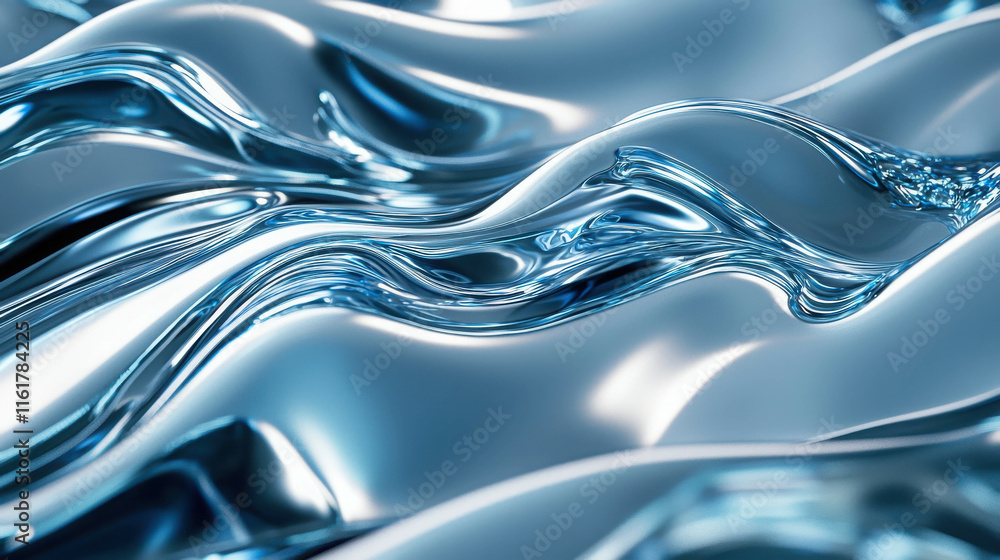 Poster fluid dynamic patterns in silvery blue waves with interconnected design elements