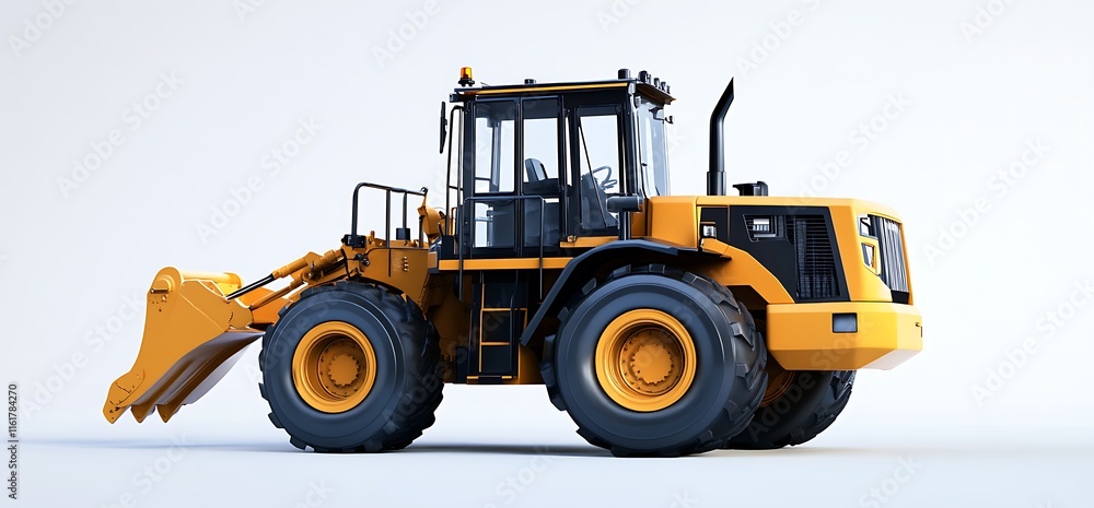 Poster a yellow construction loader with a front bucket for moving materials.