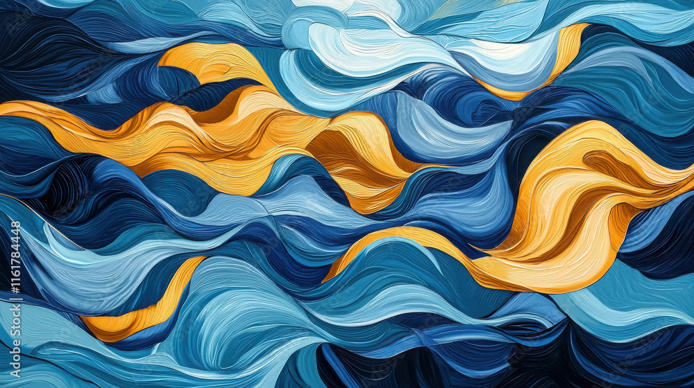 Poster dynamic abstract patterns with intertwining waves in vivid blue and orange tones