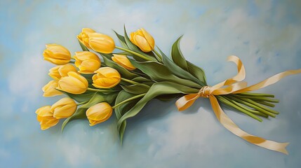Obraz premium A vibrant bouquet of yellow tulips with a soft blue background.