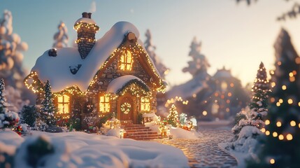 Cozy winter holiday cottage with festive decorations and snow