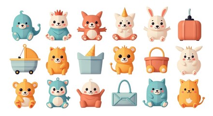 Obraz premium Cute Cartoon Animal Collection Illustration with Adorable Bears, Cats, and Bunnies in Pastel Colors