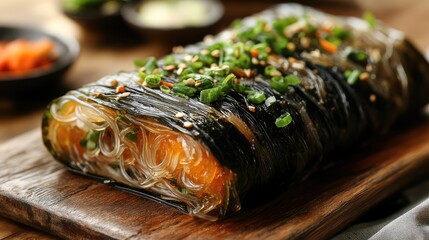 Colorful Korean Dish with Glass Noodles Wrapped in Seaweed