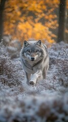 Naklejka premium A wolf walking through a frosty landscape with autumn foliage in the background.