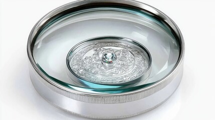A clear, circular glass object with a decorative center, possibly a paperweight or display item.