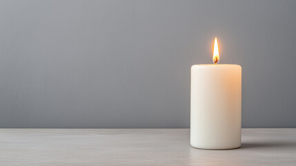 lit white candle on simple gray background creates calming atmosphere