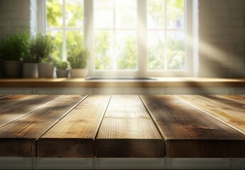Sunlit wooden kitchen table with window background.