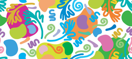 Fun colorful flower line doodle seamless pattern for kids birthday party or celebration background, trendy design with scribble shapes on yellow backdrop.