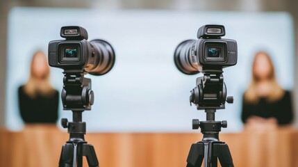 Two cameras on tripods facing a presentation setup with blurred figures in the background.