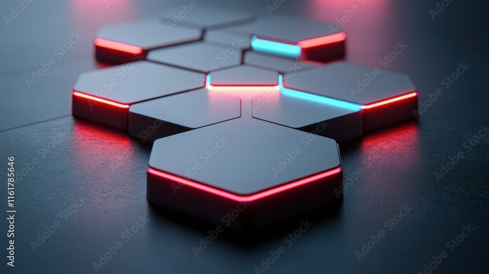 Poster abstract hexagonal grid with neon light accents.