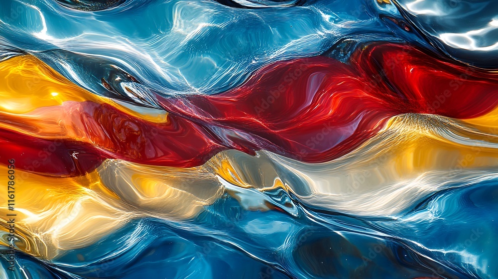 Poster abstract representation of flowing colors resembling a flag in water.