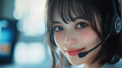 A young woman wearing a headset, smiling while engaged in a conversation.