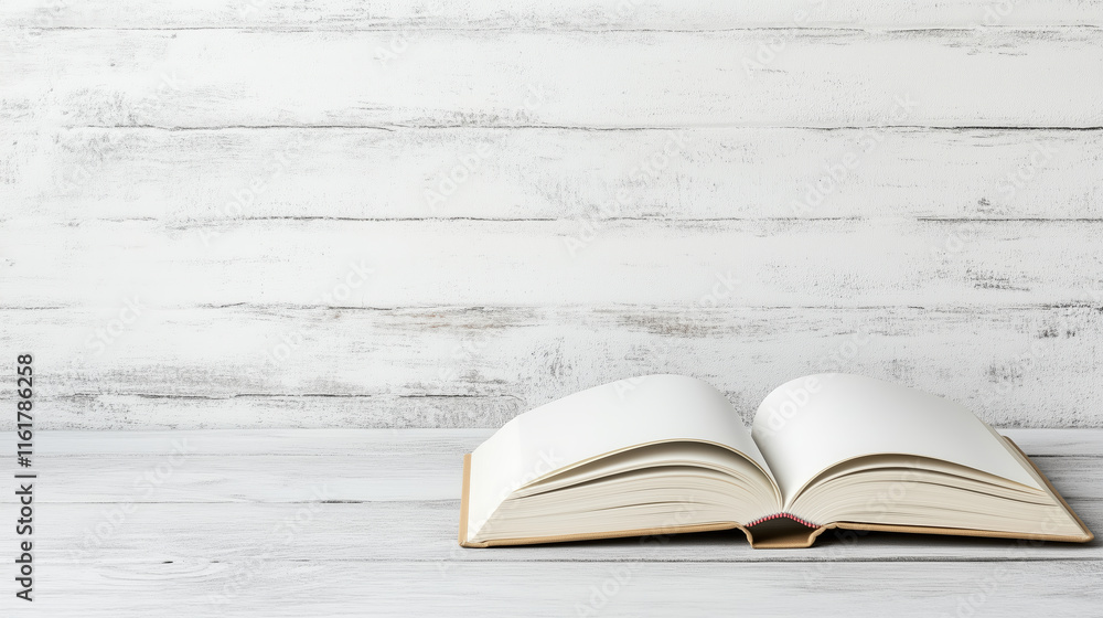Poster open book on wooden table with rustic background