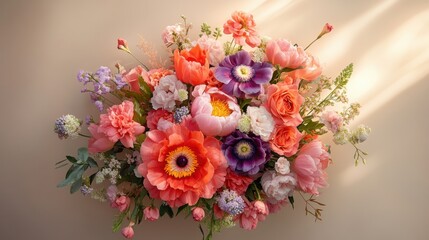 Coral pink and purple flowers on taupe background with sunlight