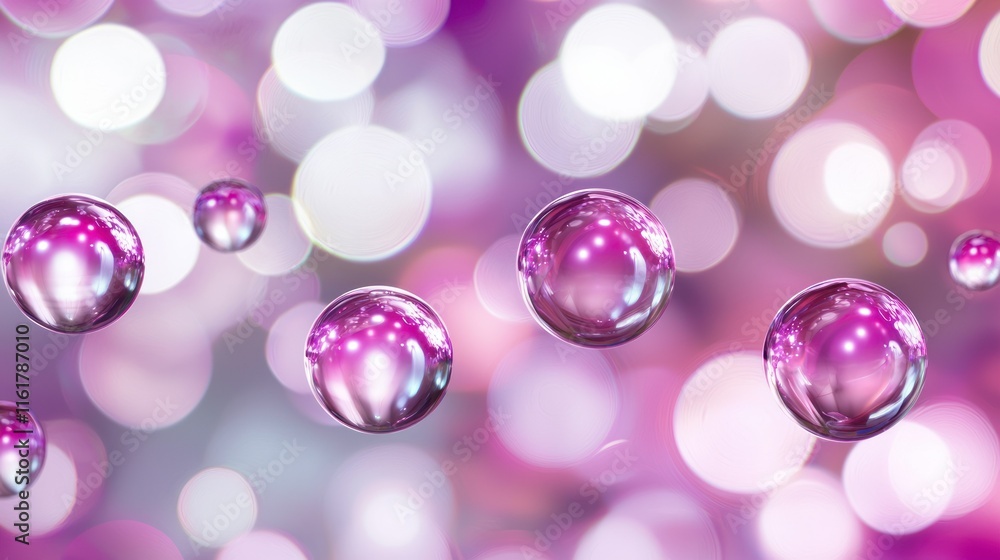 Poster abstract image of shiny pink spheres floating against a bokeh background.