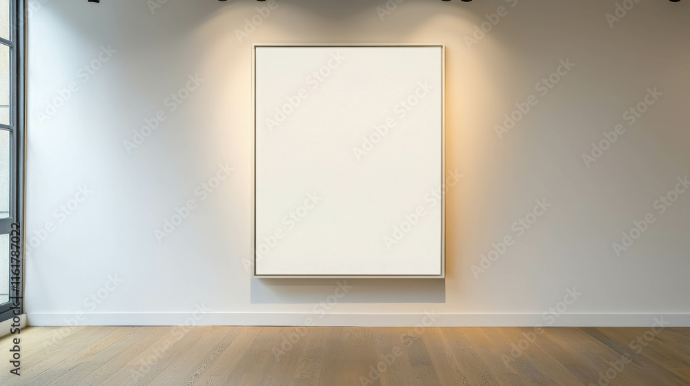 Poster large empty frame with matte white finish hanging on wall in modern gallery