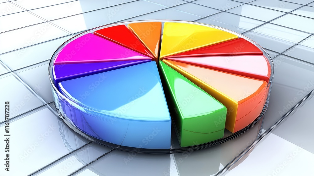 Poster vibrant colorful pie chart on glossy surface for data visualization