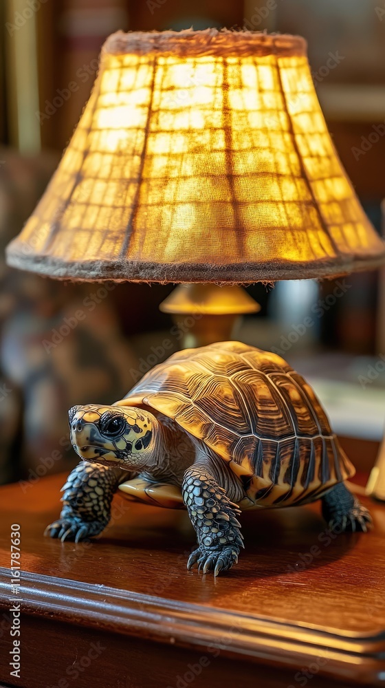 Poster a turtle positioned on a table beneath a warm, glowing lamp shade.
