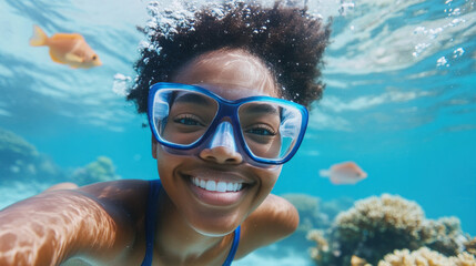 Naklejka premium Afro woman swimming dive underwater at coral reefs with fishes