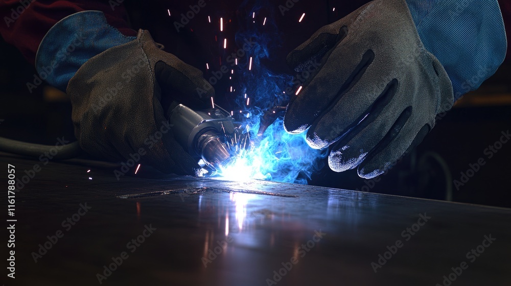 Poster a welder using a tool, creating sparks and blue light while working on metal.
