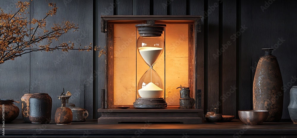 Aufkleber an elegant hourglass illuminated in a rustic setting with various pottery.
