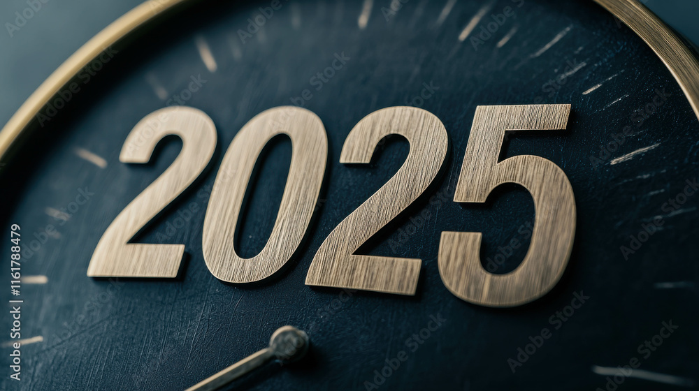 Poster close-up of a clock face displaying the year 2025 in elegant design