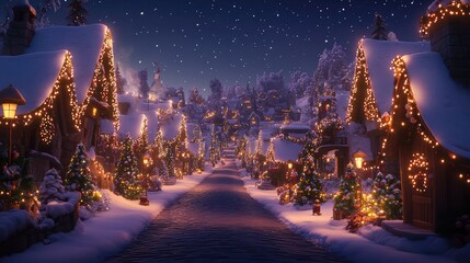 Obraz premium Winter Wonderland Village with Snow and Festive Holiday Lights
