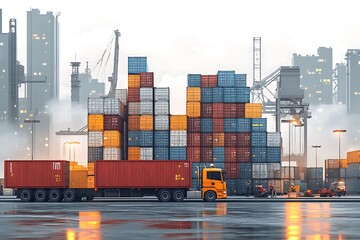 Shipping containers and trucks at a modern port city harbor.