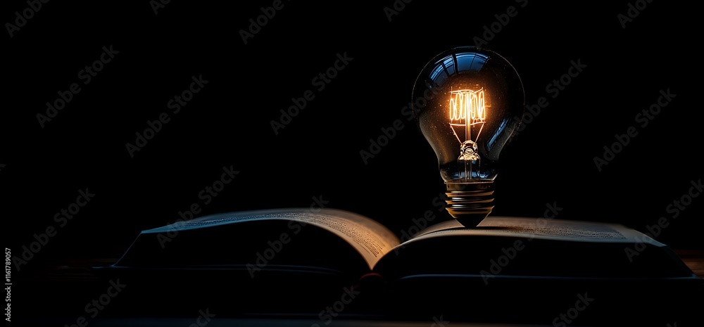 Poster an illuminated light bulb rests above an open book in a dark setting.
