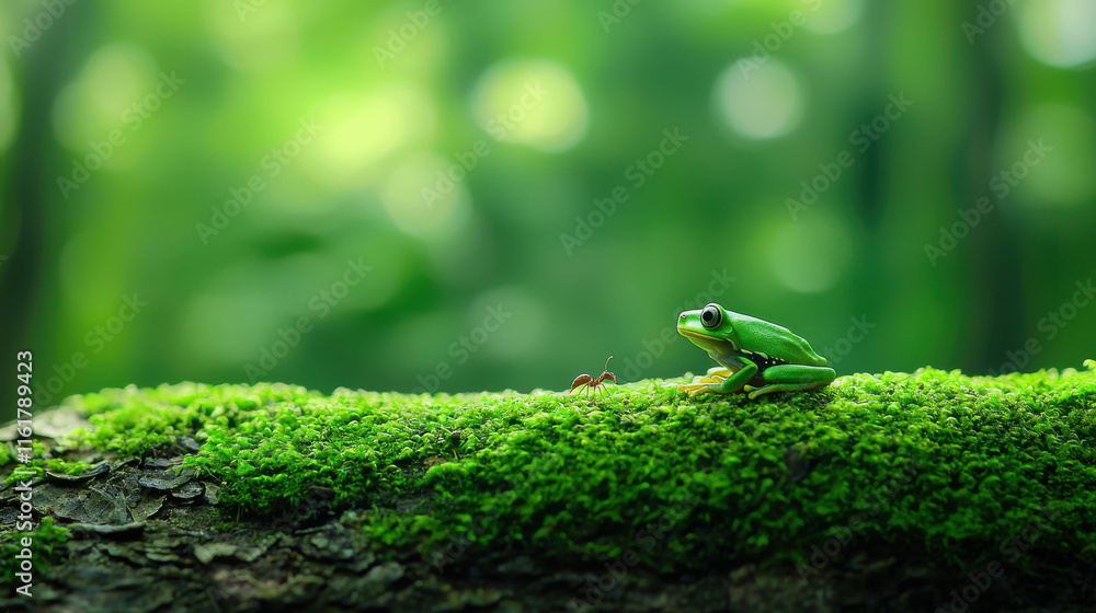 Aufkleber stunning macro image of tiny green tree frog on mossy log in lush forest environment