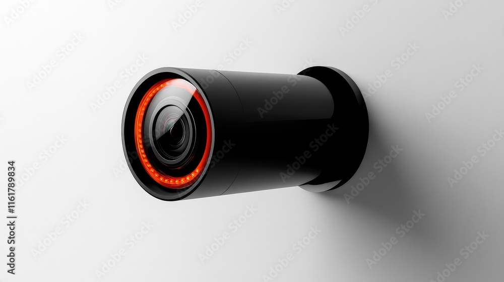 Poster modern security camera design with circular lens and red light
