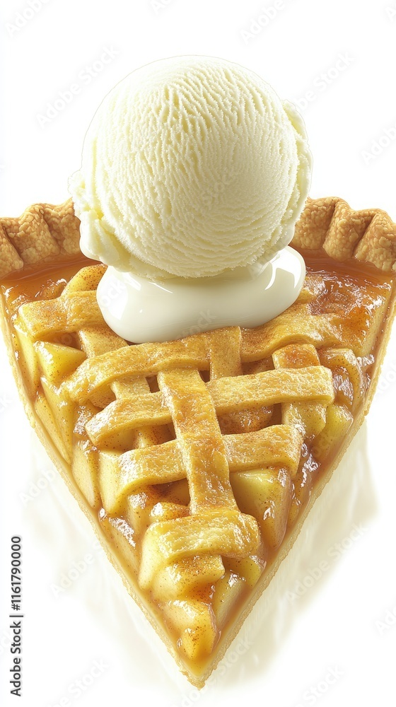 Poster a slice of apple pie topped with a scoop of vanilla ice cream.