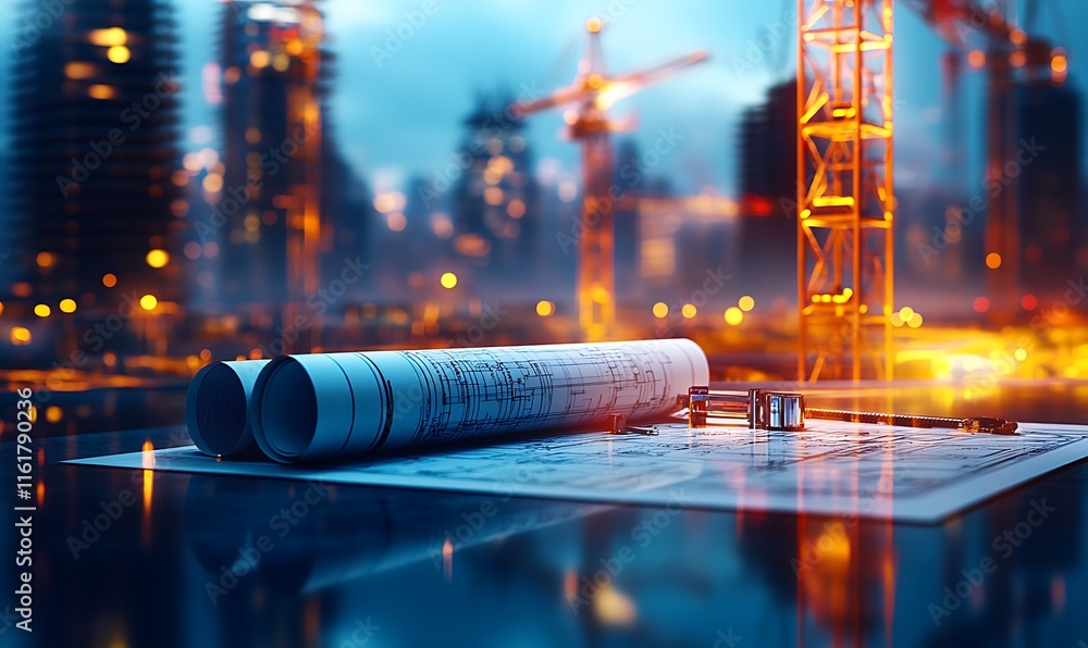 Poster architectural blueprints on a table with construction cranes in the background.