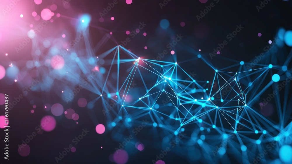 Poster abstract network connection, glowing lines and nodes, digital technology background.