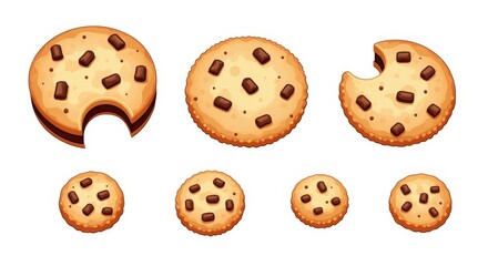 Fototapeta premium Delicious Cookie Set Illustration with Chocolate Chunks, Perfect for Bakery Branding and Dessert Menus
