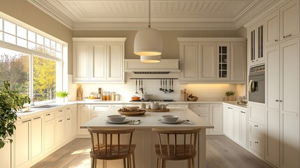 Bright, modern kitchen with white cabinetry and a central island for dining.