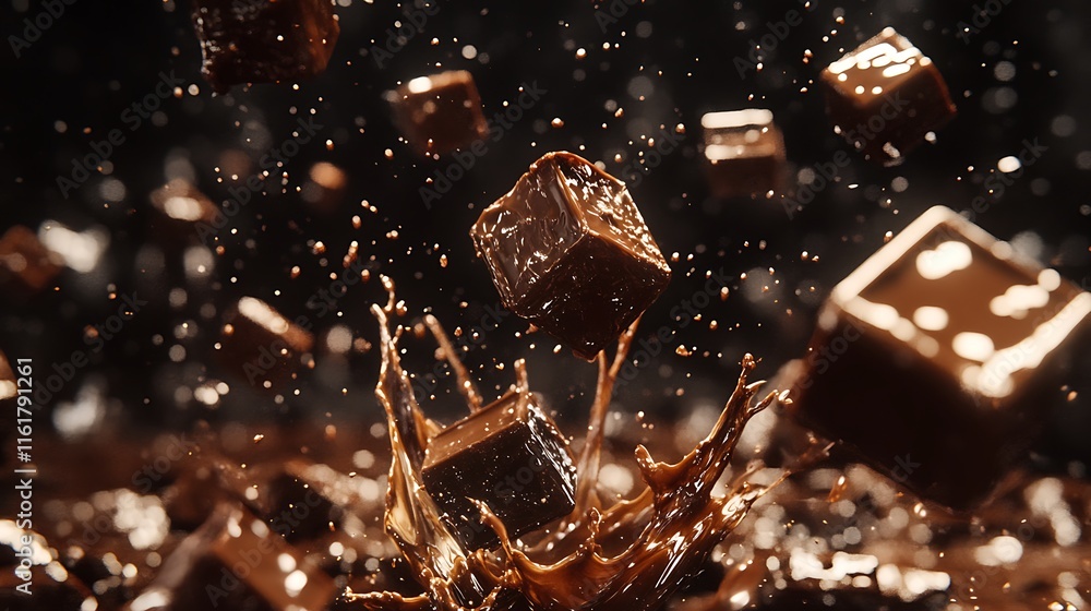 Poster chunks of chocolate splashing in liquid chocolate, creating a dynamic scene.