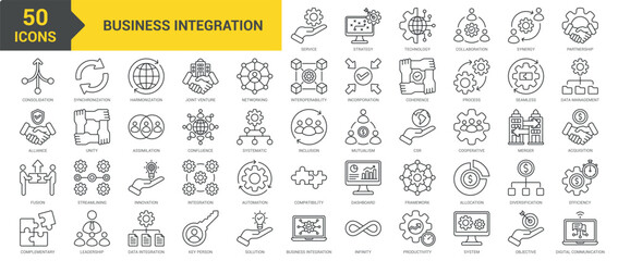 Business Integration icon collection set. Containing strategy, technology, collaboration, synergy, partnership, consolidation, alliance, fusion, complementary, synchronization icon. Simple line vector