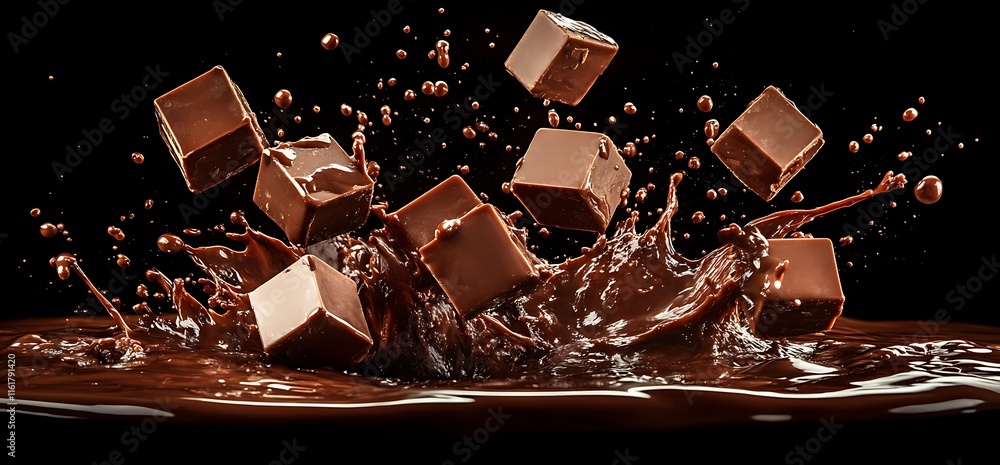 Poster chocolate cubes splashing into rich liquid chocolate, creating a dynamic scene.